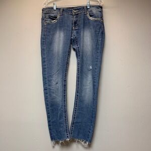 Angels Jeans Skinny Women 11 Blue Excellent Rhinestone Embellished Frayed Hem